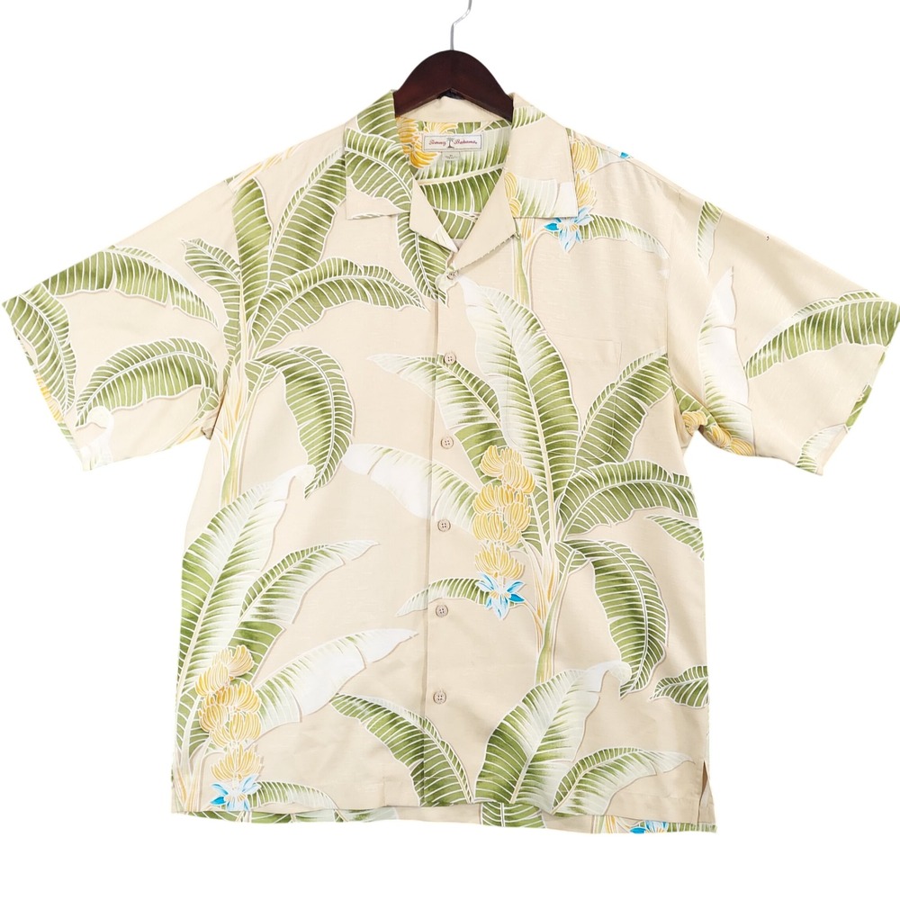 Tommy Bahama Hawaian Shirt Mens Medium Tropical Banana Leaf Silk Loop Collar